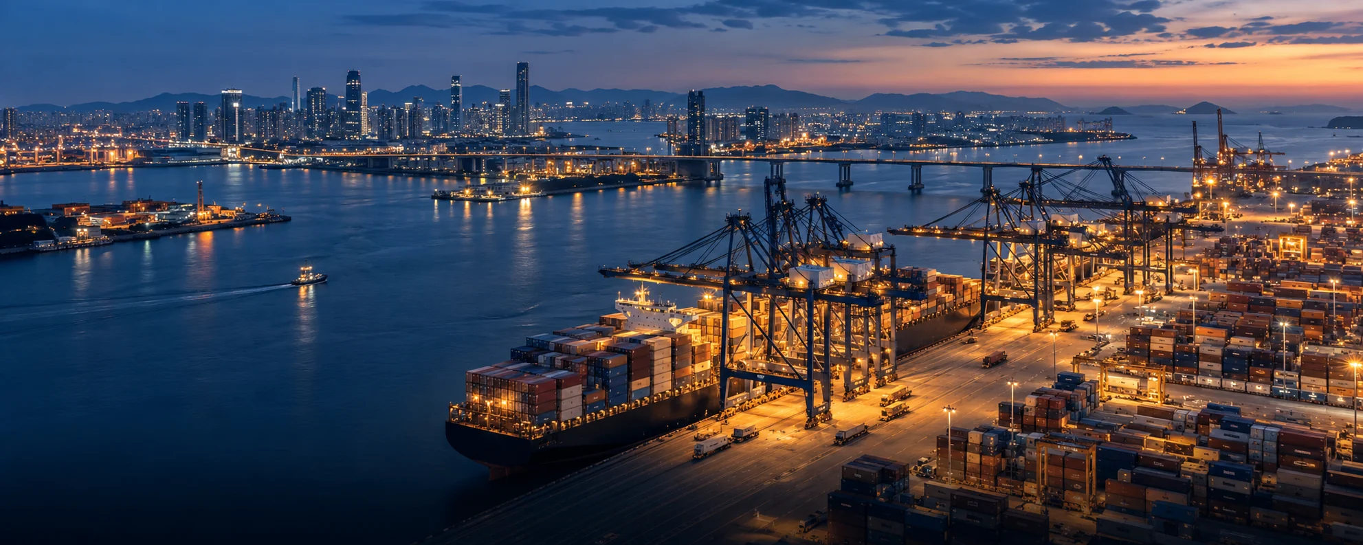 Container port at dusk with cargo ship, cranes, and city skyline